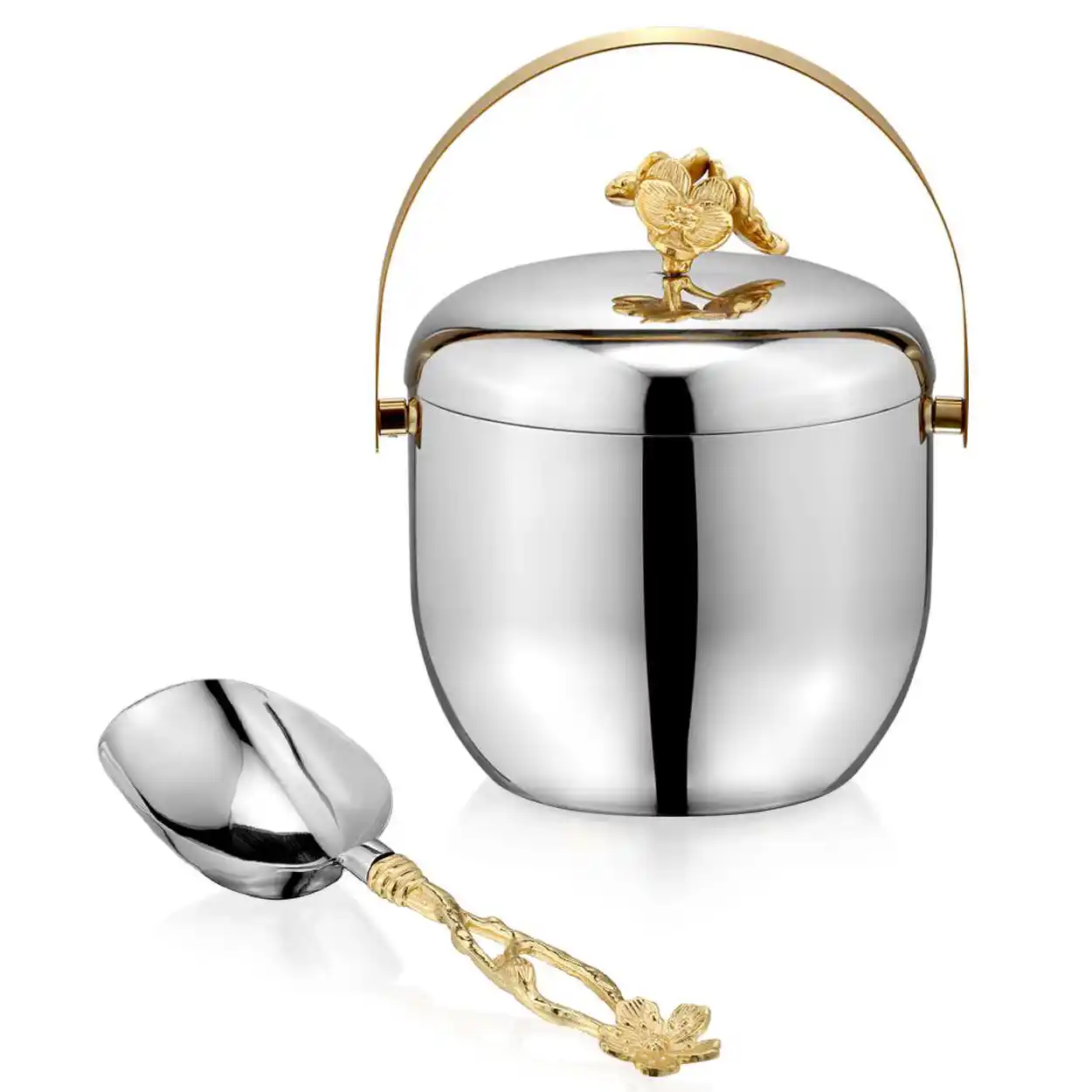 Floral Bar Set – Ice Bucket, Scoop, Double Wall, Hollow Handle